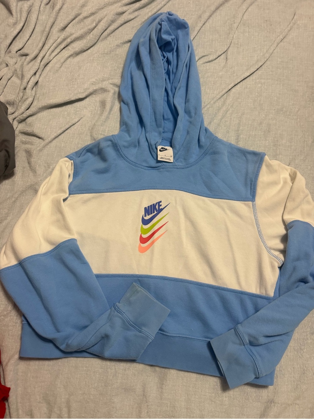 Nike Light Blue and White Colorblock Crewneck Hoodie with Multicolor Swoosh Logo